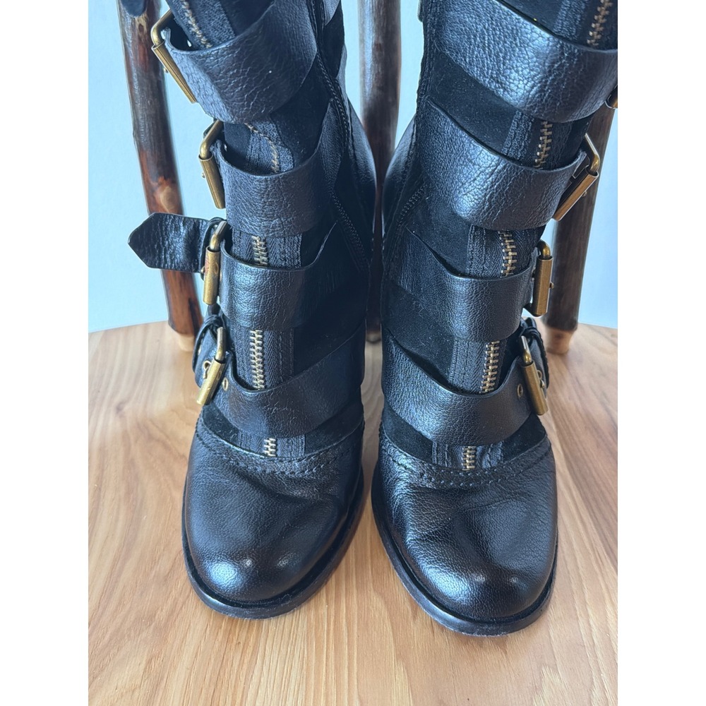 Marc by Marc Jacobs Black Leather Suede Multi Strap Buckle Moto Boots Block Heel
